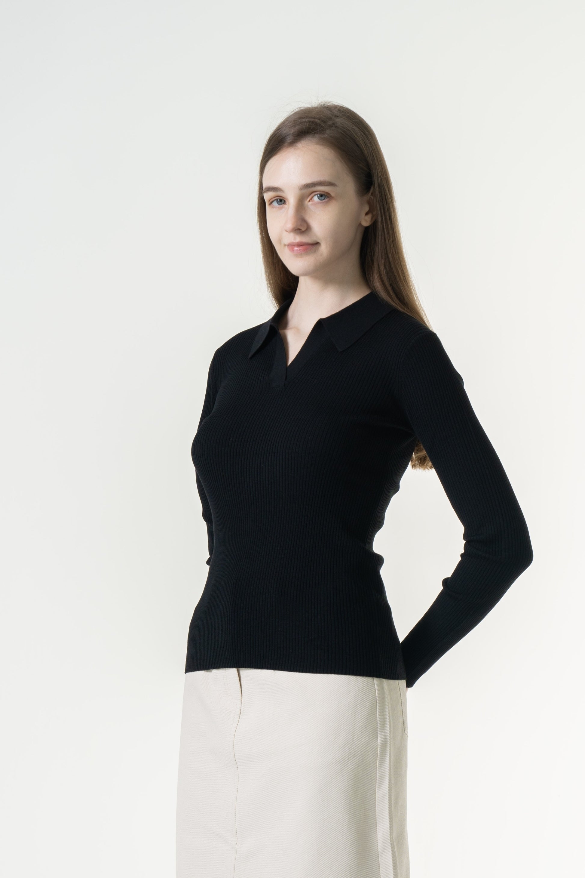 Ribbed Collared Long Sleeve Top