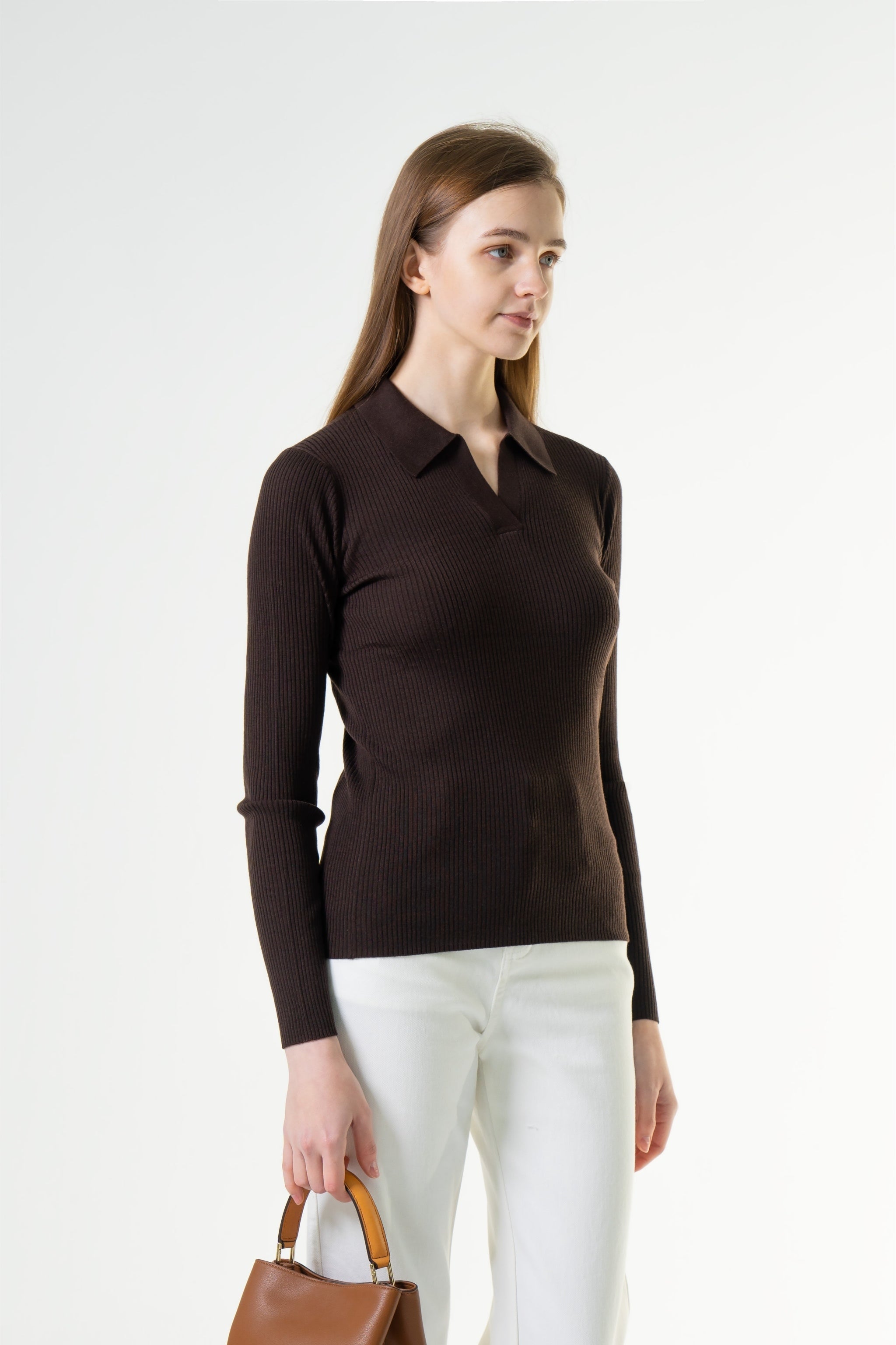 Ribbed Collared Long Sleeve Top