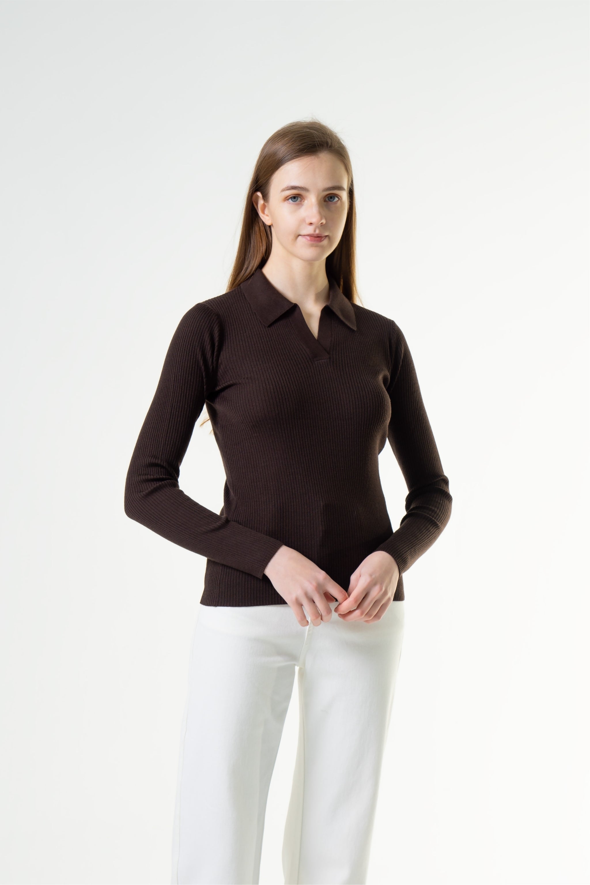 Ribbed Collared Long Sleeve Top