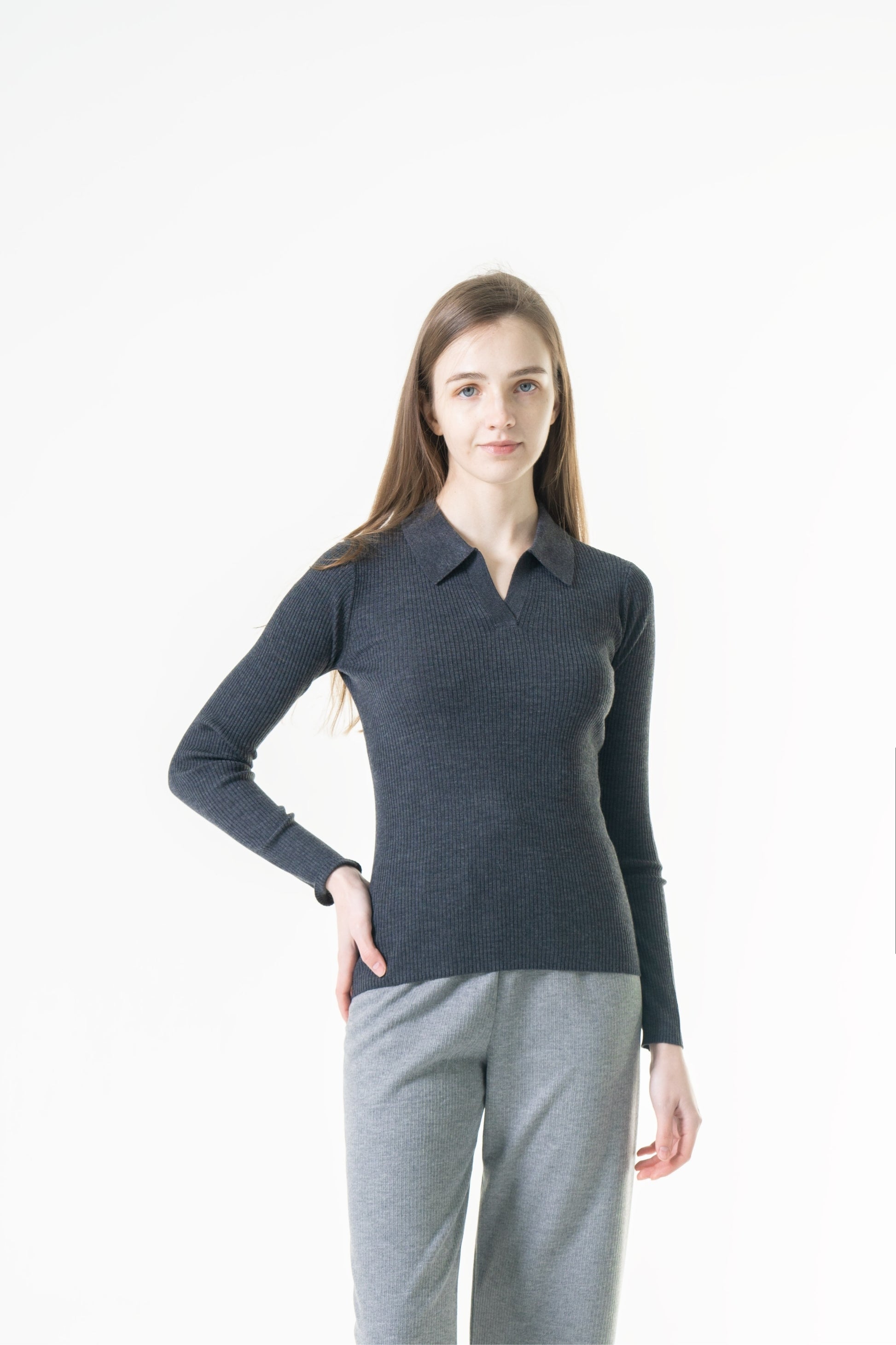 Ribbed Collared Long Sleeve Top