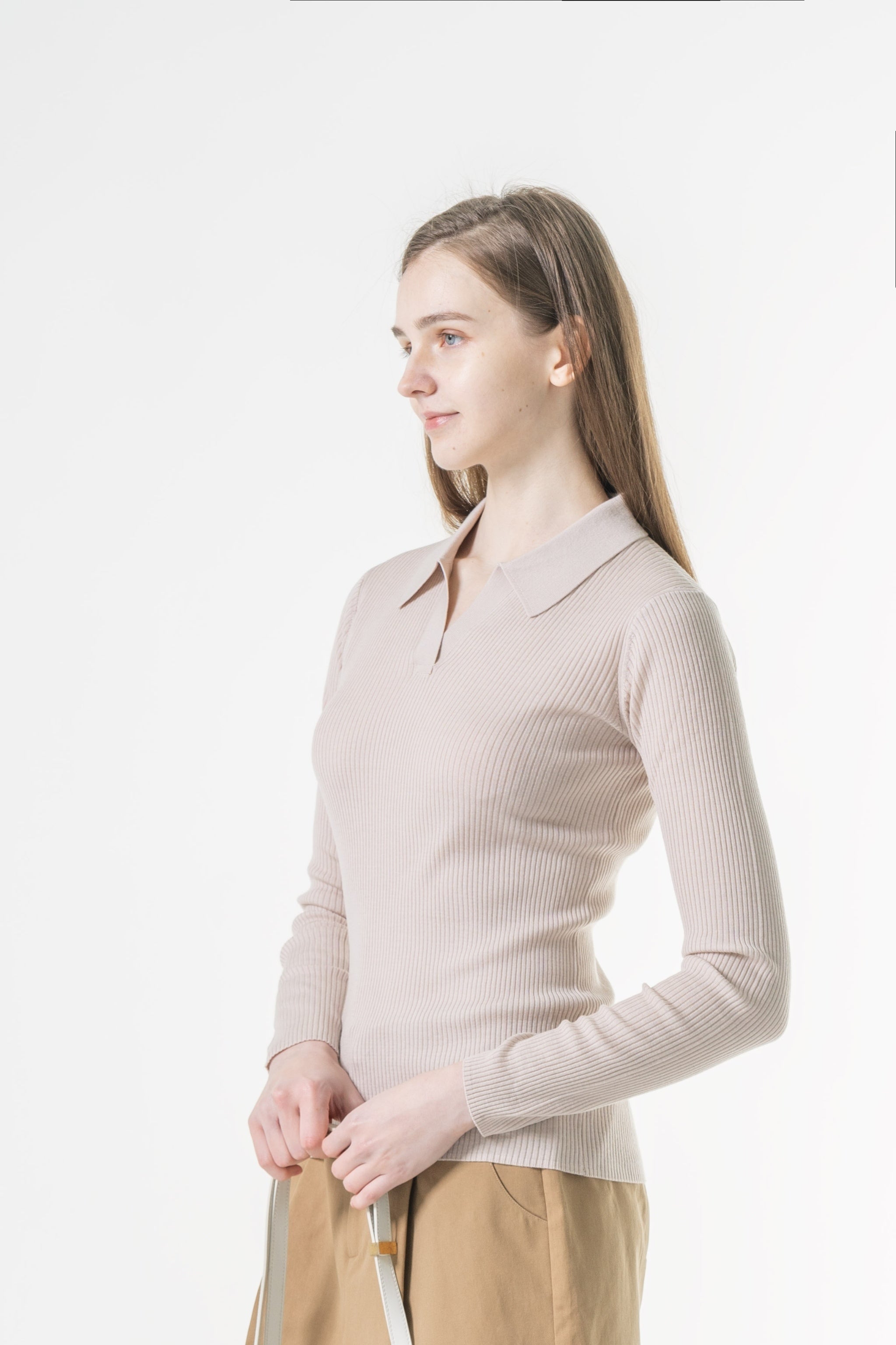 Ribbed Collared Long Sleeve Top