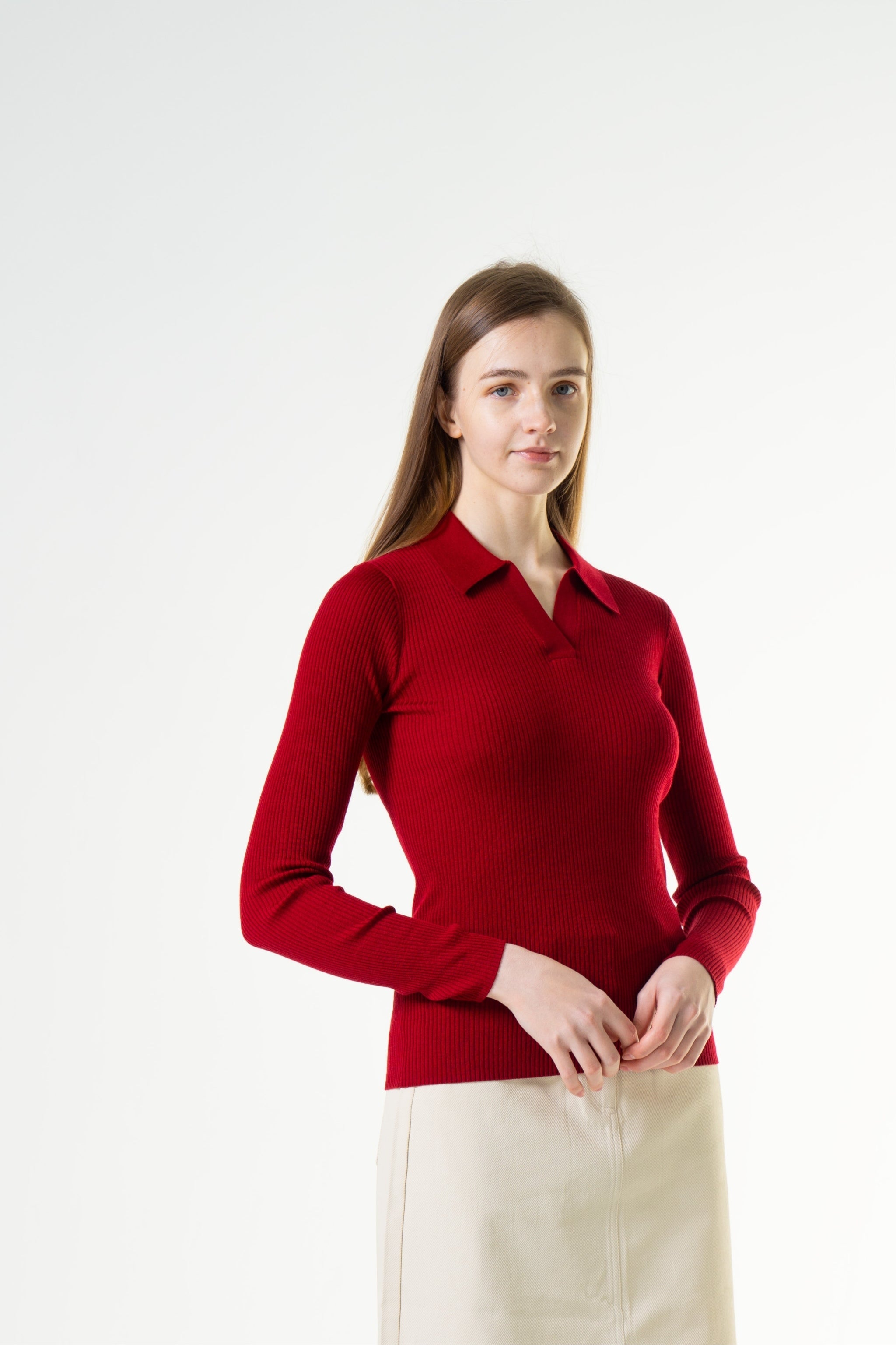 Ribbed Collared Long Sleeve Top