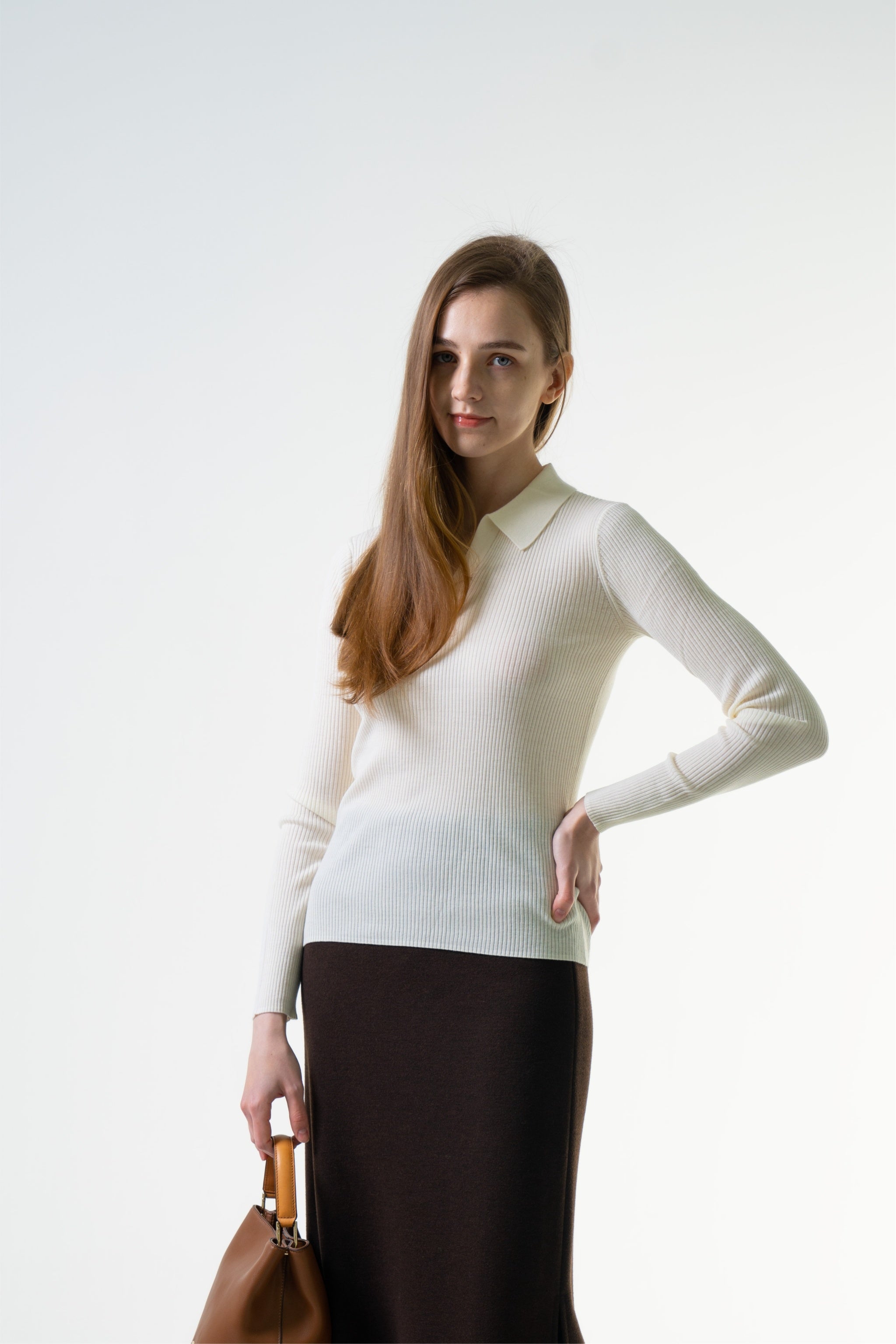 Ribbed Collared Long Sleeve Top