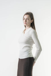 Ribbed Collared Long Sleeve Top
