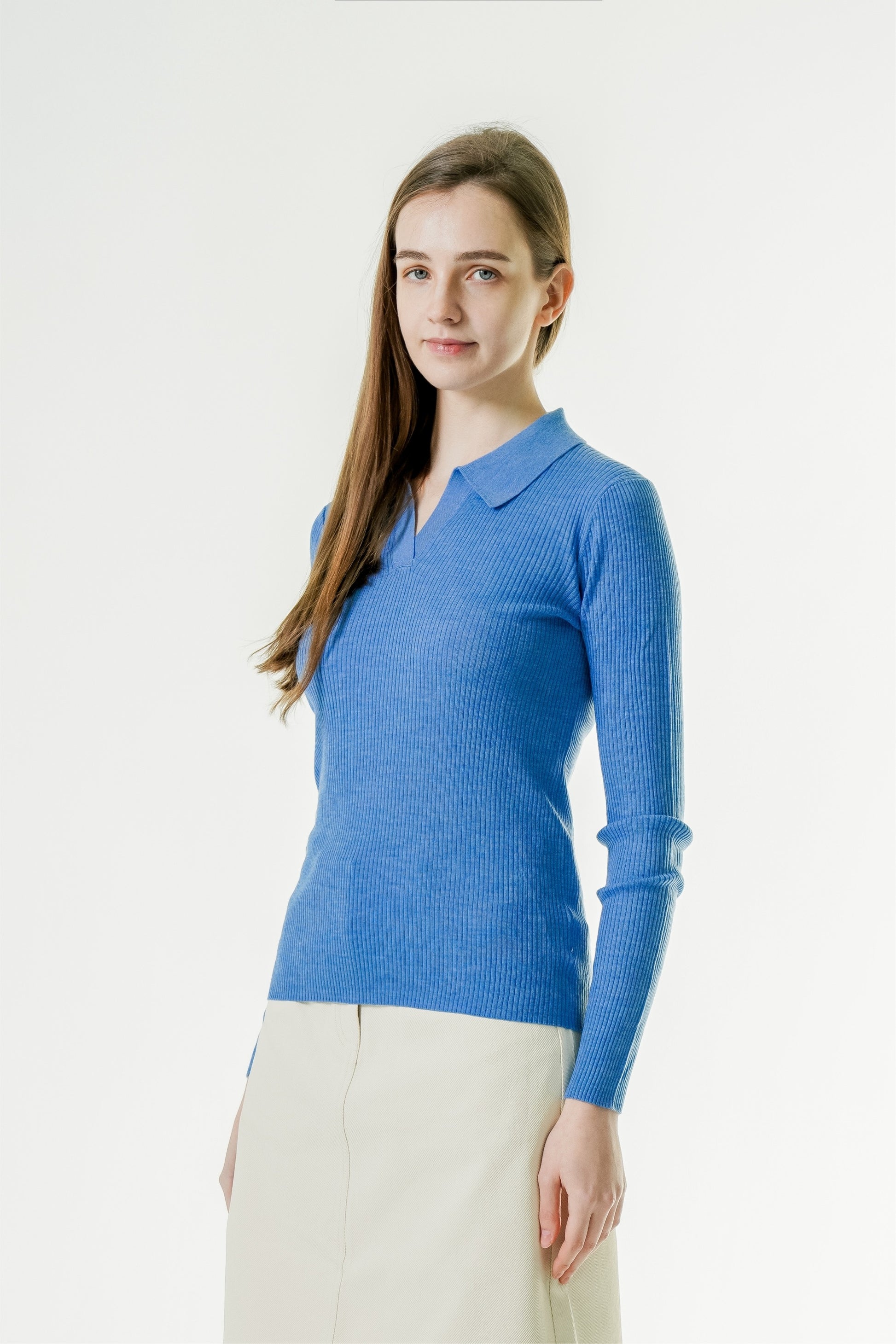 Ribbed Collared Long Sleeve Top