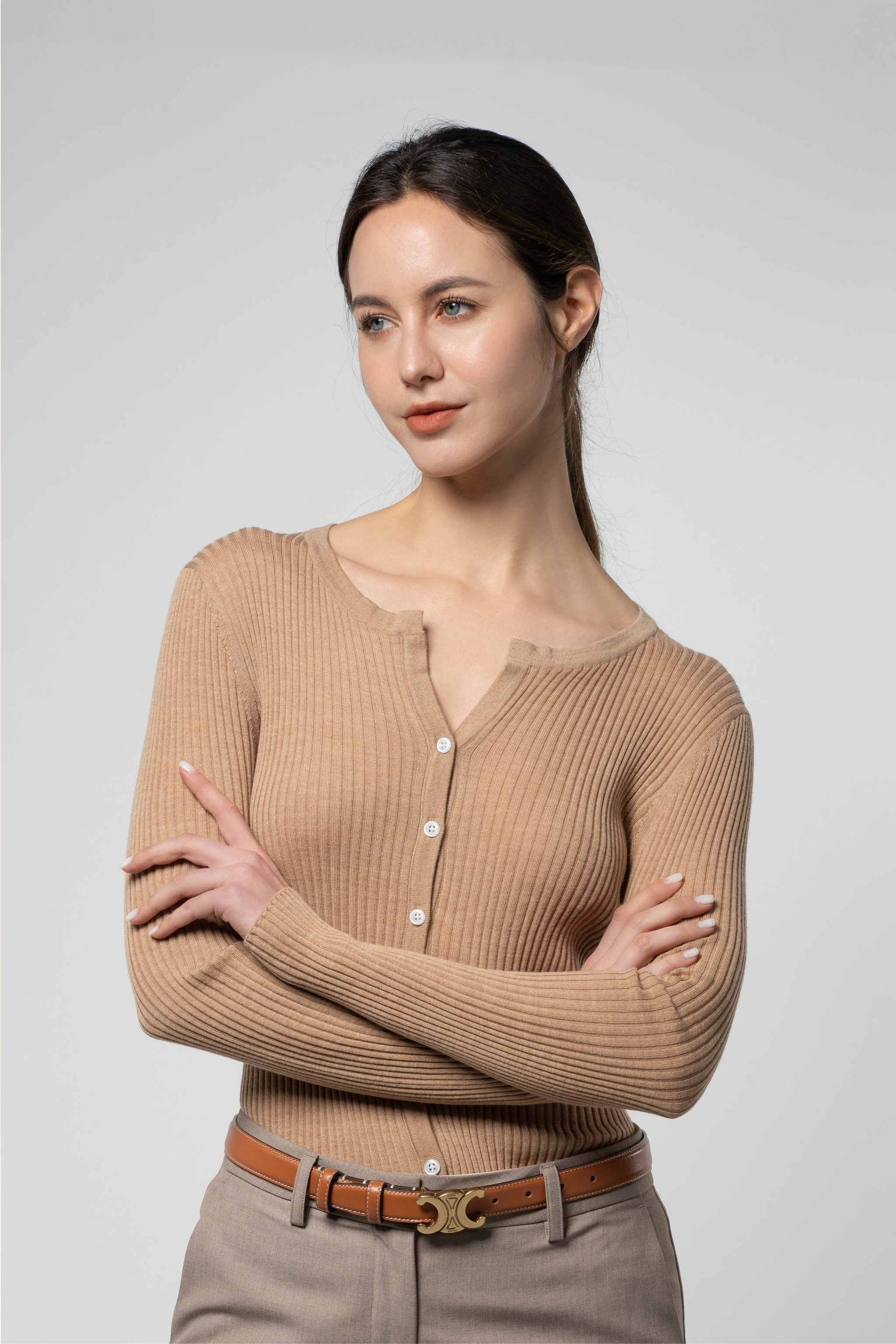 Claudia Cardigan – 100% Merino Super Fine Open V Boat-Neck Cardigan