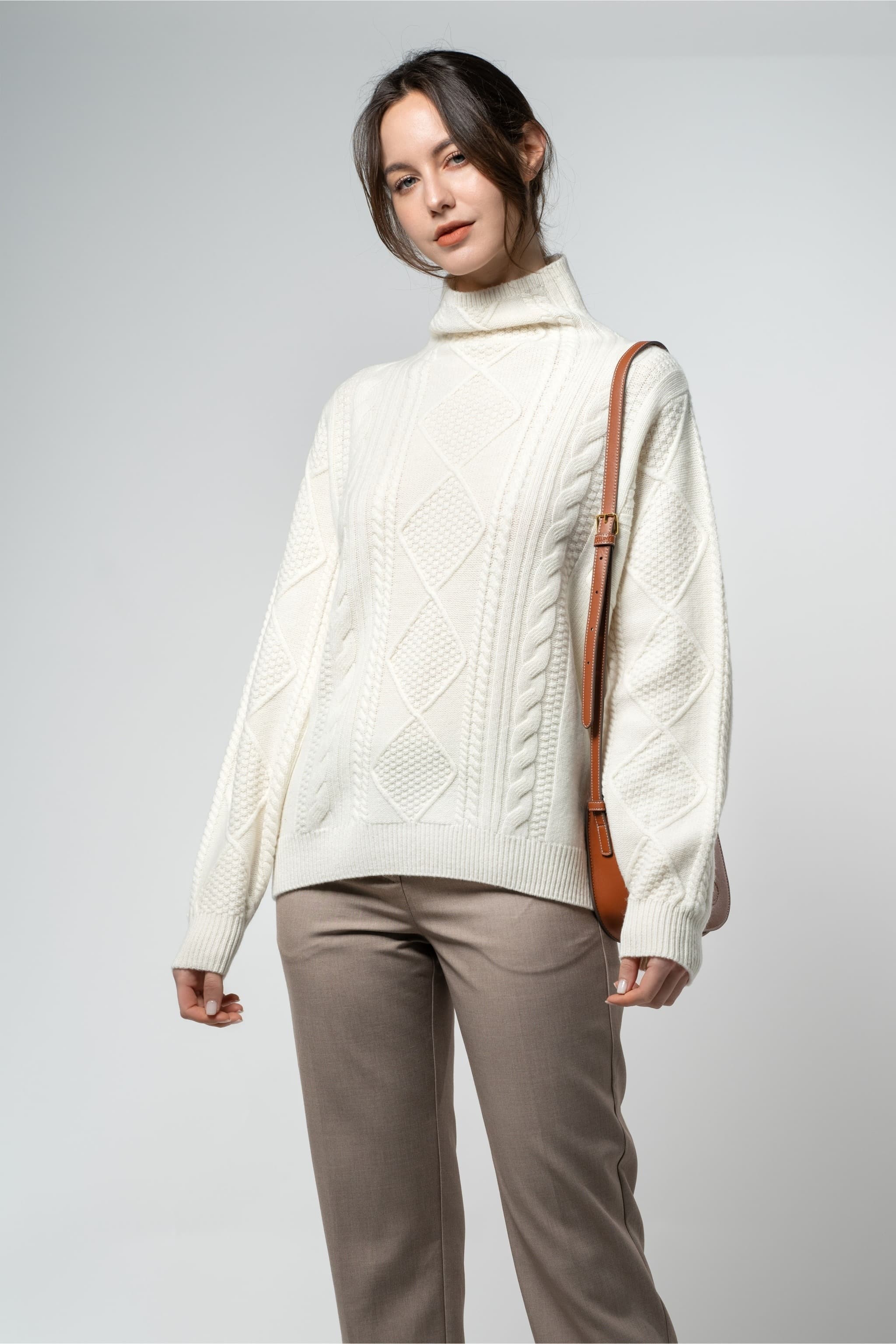 Daphne Sweater – 100% Wool Cable Knit High Neck