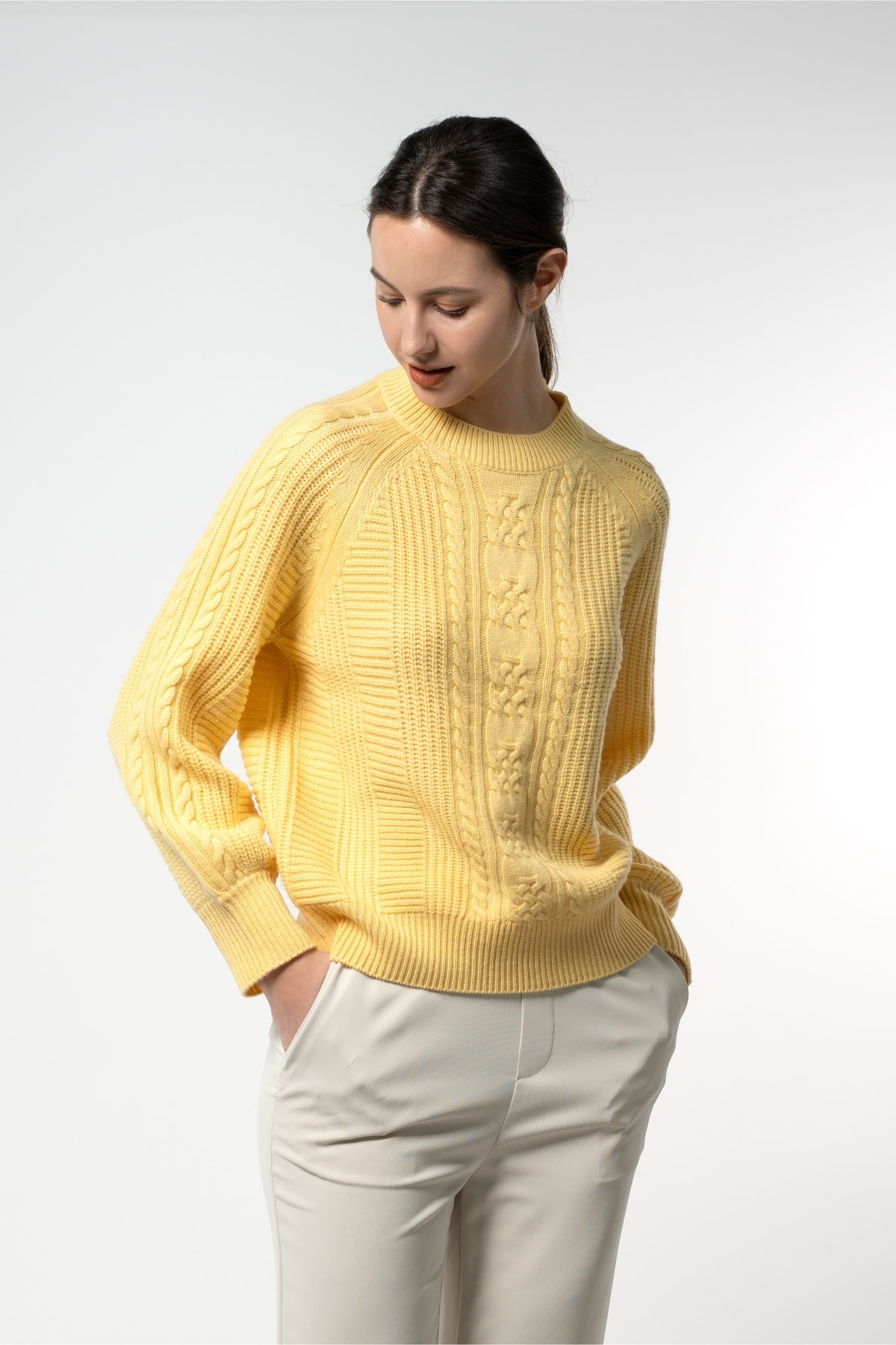 Caroline Sweater – 100% Wool Textured Cable Knit Crew