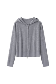 Women's 100% Wool Hooded Zip-Up Knit Cardigan